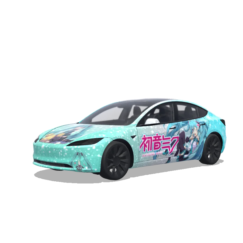 Hatsune Miku. The person Miku is sitting on is supposed to represent Ani. - Tesla Model 3 (2024+ Standard/Premium) wrap